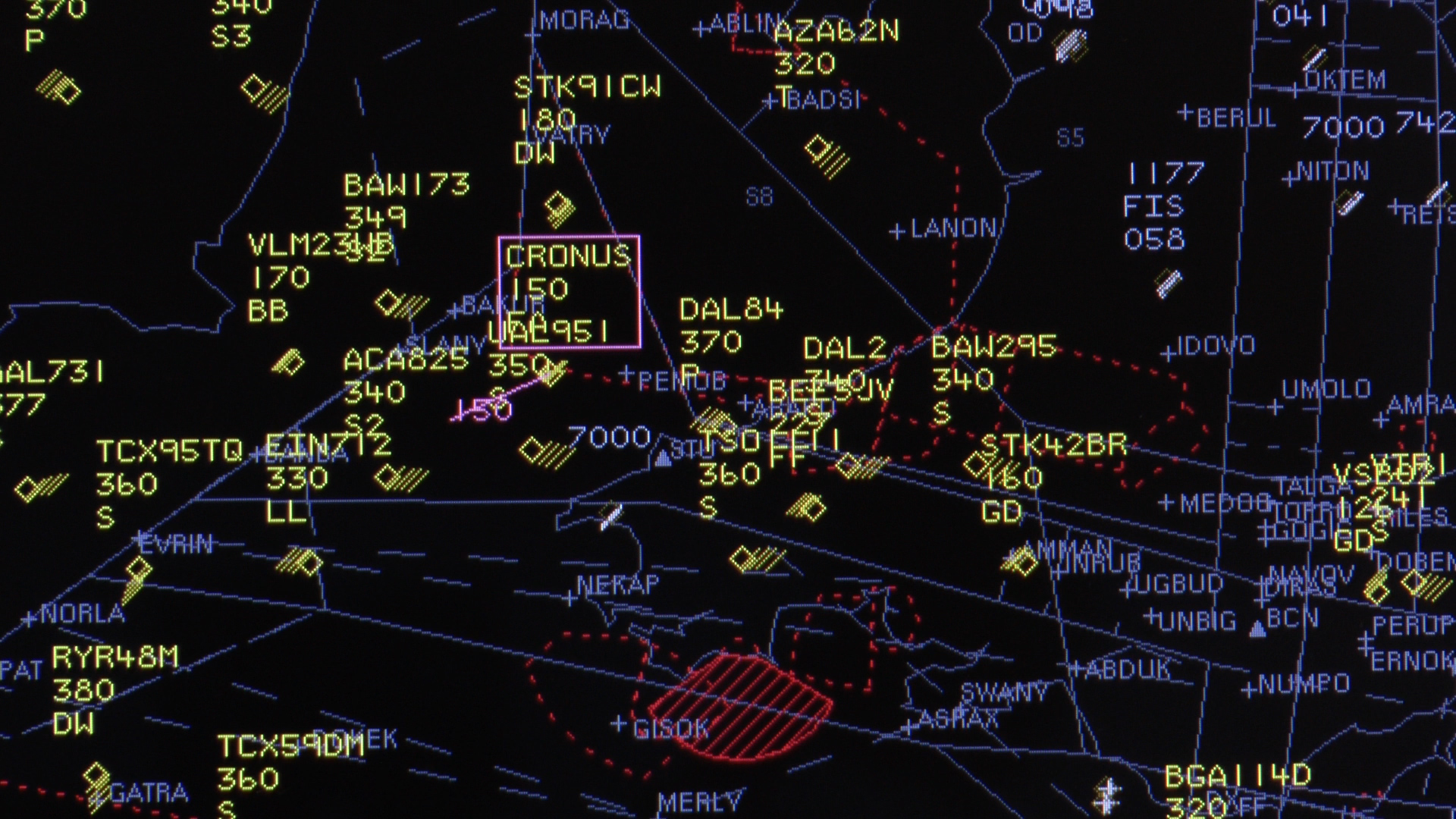 A still from the radar screen clearly showing the UAS - CRONUS - operating in the same airspace as conventional aircraft.