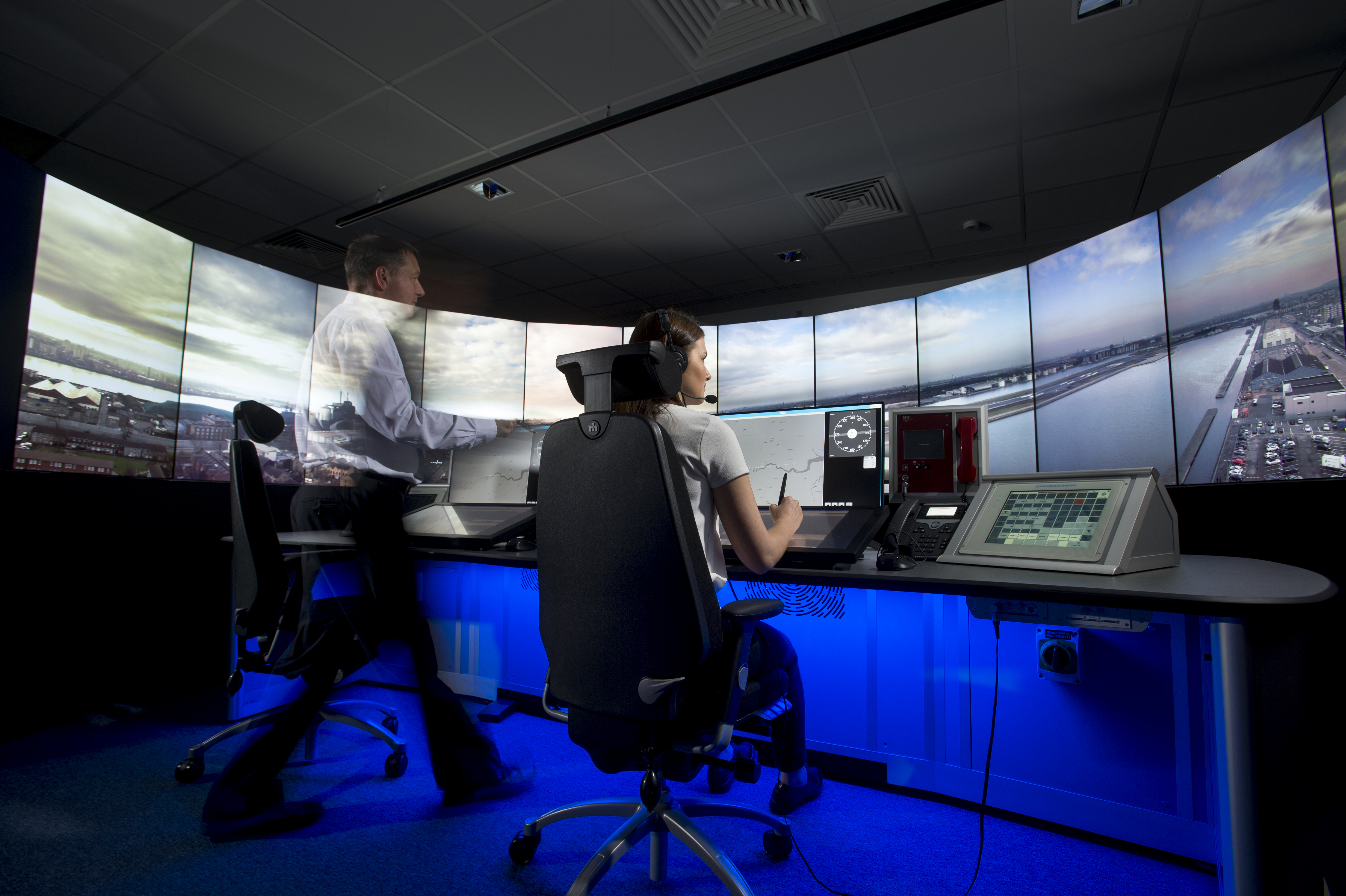 The 14 screen provide controllers with a full 360 degree view of the airfield.